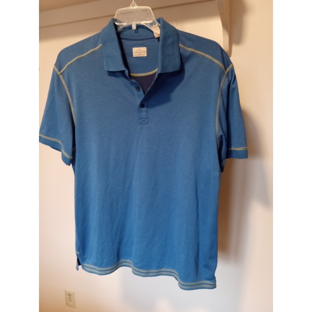 Tommy Bahama Jeans Mens‎ Blue Polo Shirt Yellow Contrast Stitch Short Sleeve L